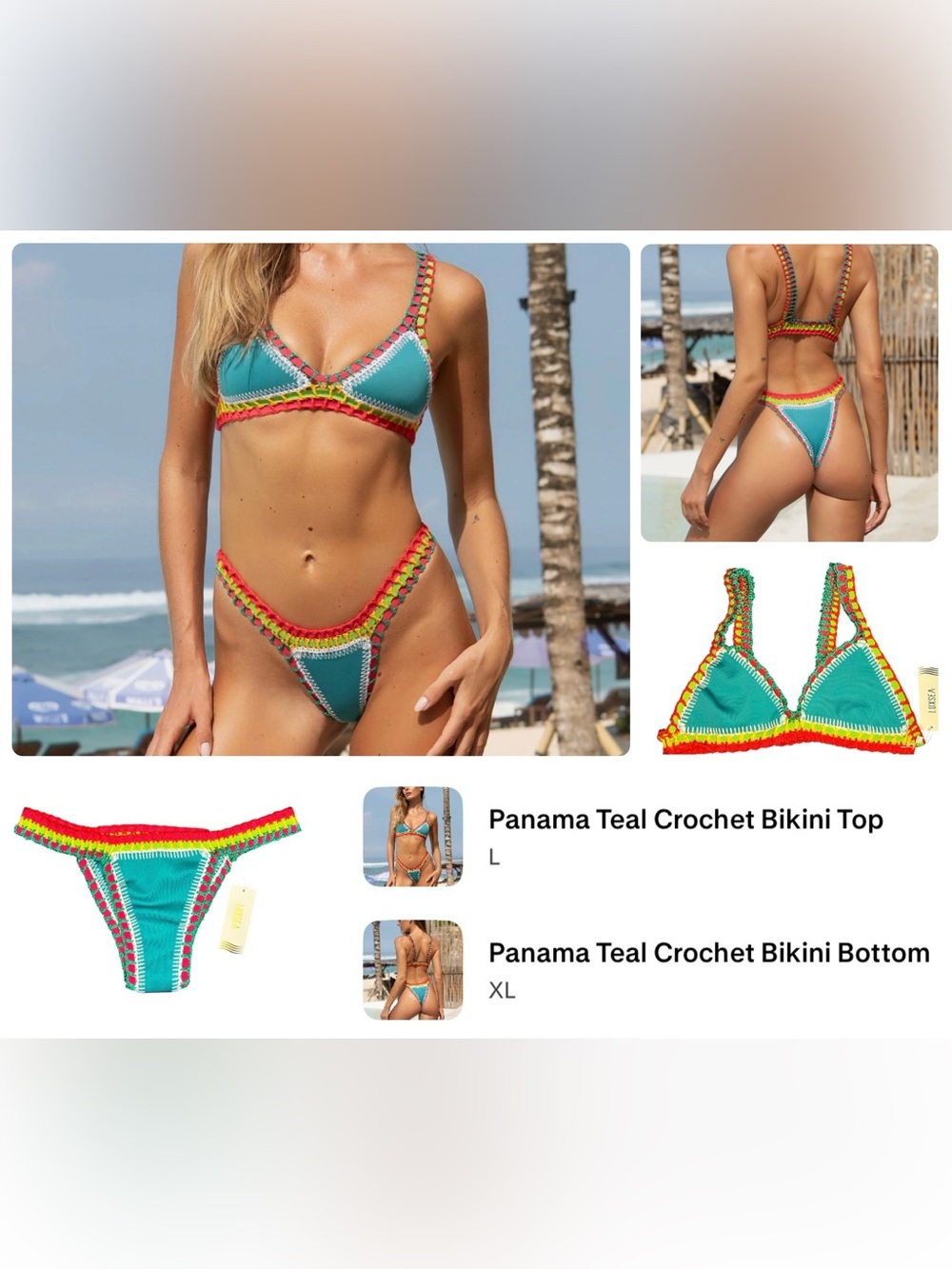 Luxsea Panama Teal Crochet Bikini Set – Teal with Multicolor Trim